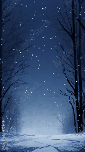 Silhouettes of trees against a blue sky with falling snow, perfect for winter and holiday designs. 
