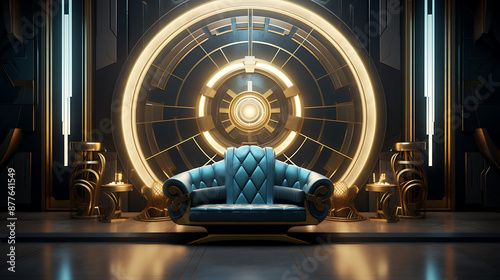 A futuristic blue armchair in a golden and black interior, perfect for sci-fi, fantasy, and luxury design projects. 
