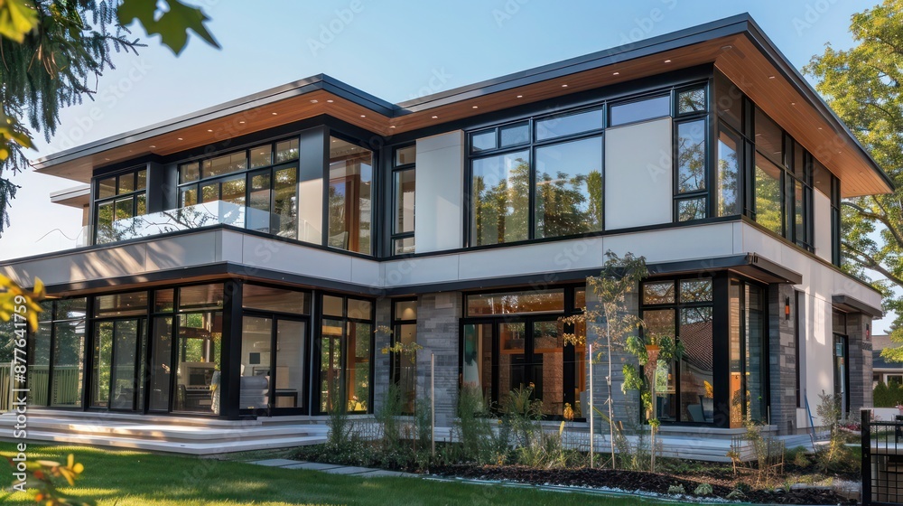 contemporary suburban home with a focus on energy efficiency, featuring triple-glazed windows and a geothermal heating system contemporary suburban home with a focus on energy efficiency, featuring triple-glazed windows and a geothermal heating system