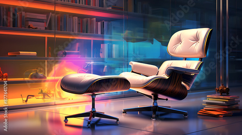 Modern white leather armchair and ottoman in a minimalist, stylish living room with warm and cool lighting, perfect for a relaxing evening. 
