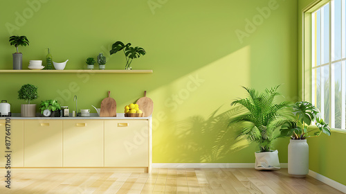A bright yellow kitchen with green plants and a sunny window, perfect for modern home decor. 
