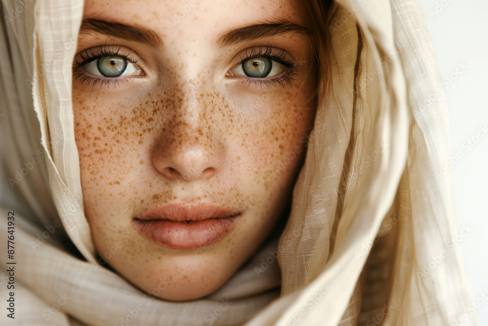 Close-up portrait of woman with freckled face, covered in light fabric, staring directly. Freckled face concept Close-up portrait of woman with freckled face, covered in light fabric, staring directly. Freckled face concept