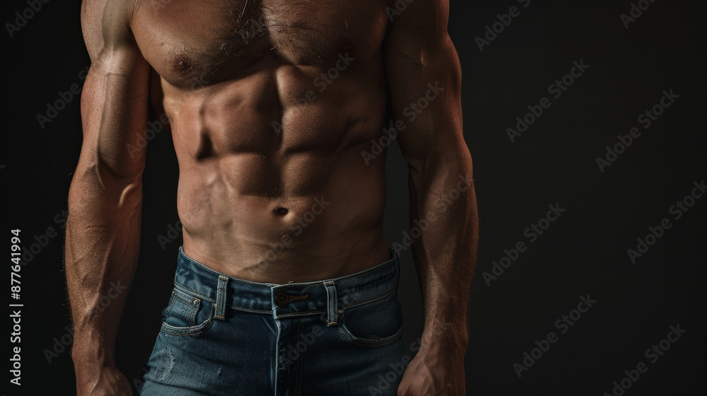 Fototapeta premium Fit male with a six-pack showcases his muscular torso wearing jeans on a black backdrop.
