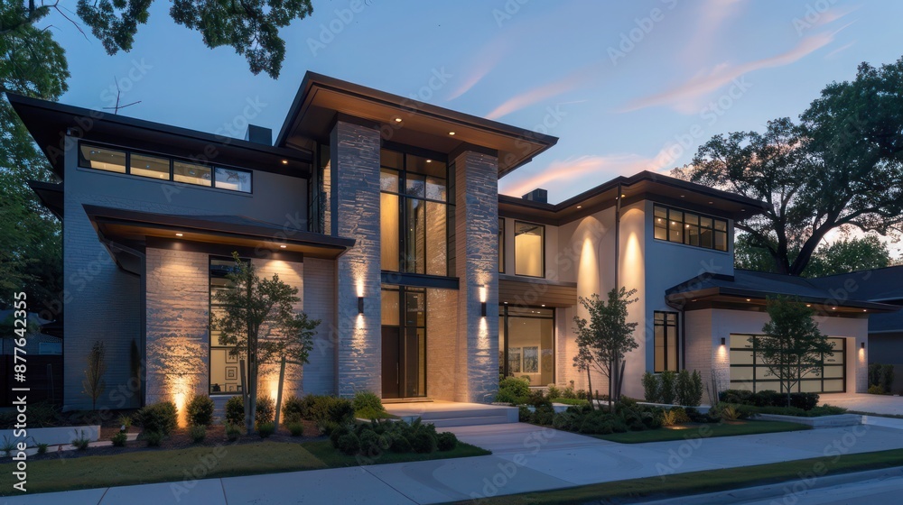 Obraz premium contemporary suburban home with a sophisticated lighting design that highlights the architectural features and creates a warm, inviting atmosphere