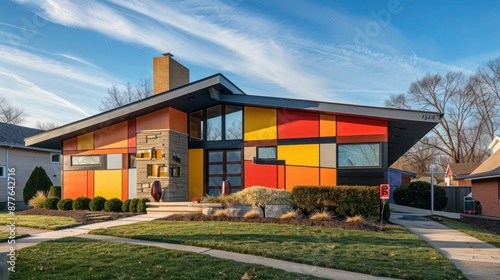contemporary suburban home with a bold, abstract exterior paint job that makes it stand out in a traditional neighborhood