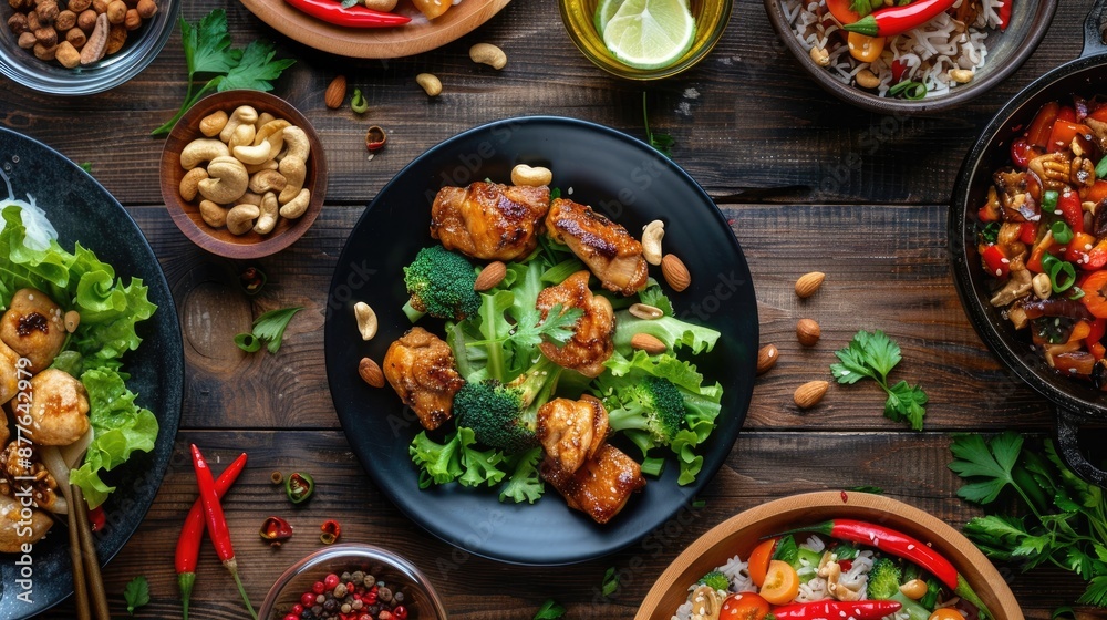 Asian cuisine with chicken nuts and veggies on wooden table Asian cuisine with chicken nuts and veggies on wooden table