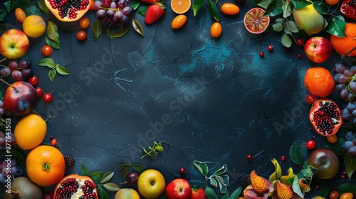 Fototapeta Naklejka Na Ścianę i Meble -  Vibrant handwritten Holy Spirit fruits list on dark background top view