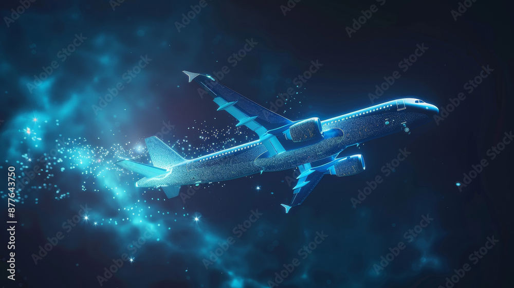 Naklejka premium A blue airplane flies through the air in a 3D illustration. It represents the abstract concept of airlines and air travel.