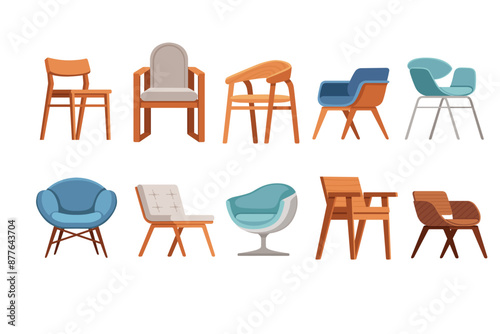Set of different types of chairs furniture for the hall, home and hotels vector illustration isolated on white background
