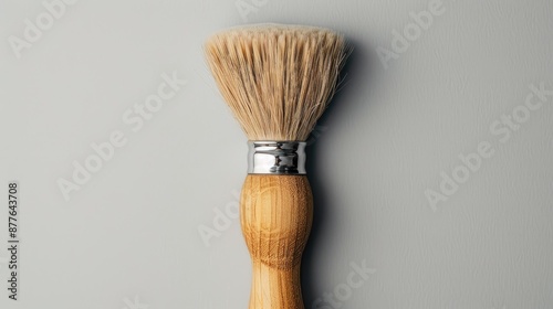 Shaving brush and blade photographed vertically on a soft gray backdrop
