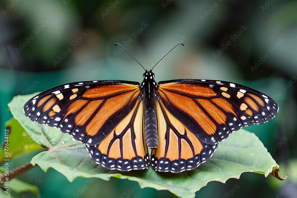 Fototapeta premium A close-up of a monarch butterfly resting on a leaf