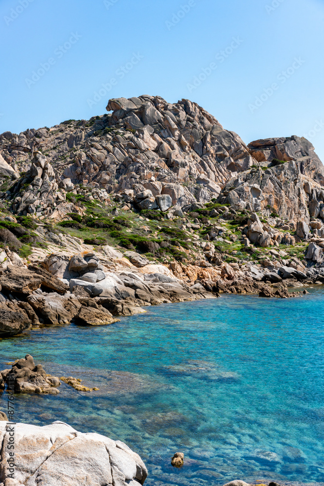 Fototapeta premium Sardinia white rock coast in Capo Testa and turquoise water on a sunny day, in Italy