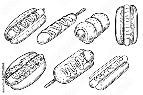 Set of hand-drawn hot dogs in various styles, monochrome sketch vector illustration isolated on white background