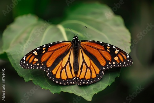 A close-up of a monarch butterfly resting on a leaf