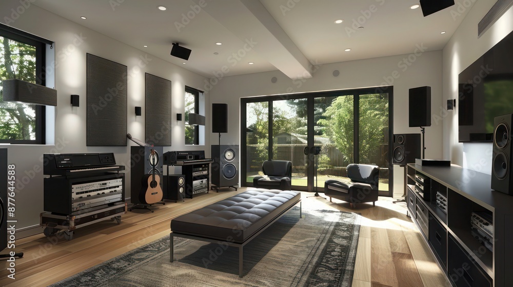 contemporary suburban home with a focus on acoustics, featuring a concert hall-quality music room with state-of-the-art sound equipment contemporary suburban home with a focus on acoustics, featuring a concert hall-quality music room with state-of-the-art sound equipment