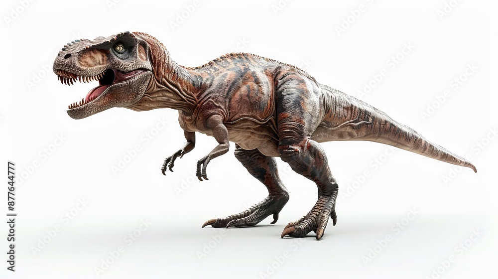 Naklejka premium An impressive image of a striped dinosaur standing against a white backdrop, bringing prehistoric life into vivid detail for diverse creative projects.