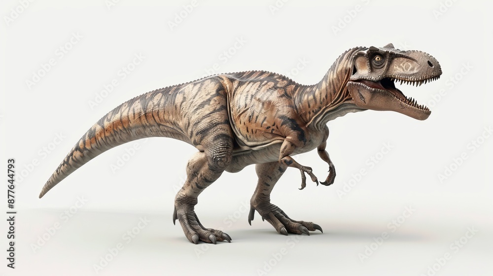 Fototapeta premium A detailed depiction of a dinosaur with brown and beige coloring set against a white background, perfect for educational, imaginative, and creative uses.