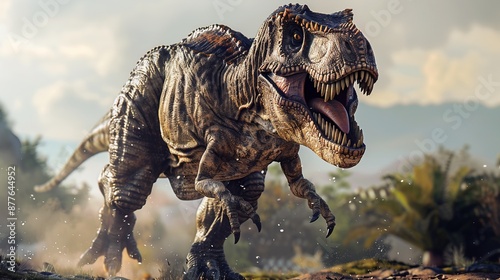 Fototapeta Naklejka Na Ścianę i Meble -  This image captures a T-Rex dinosaur running through a prehistoric jungle scene, amidst lush vegetation and rugged terrain, evoking a sense of power and movement.