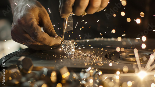 close-up photo of a skilled diamond cutter working on a raw diamond at a cutting whee photo