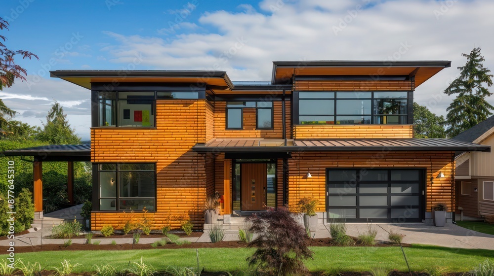 contemporary suburban home with an exterior composed of sustainable materials like bamboo siding and recycled metal roofing contemporary suburban home with an exterior composed of sustainable materials like bamboo siding and recycled metal roofing