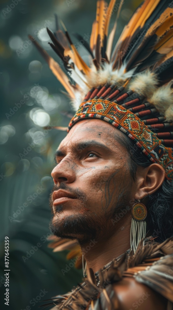 Man wearing a feather headdress and feathers, Indigenous Peoples Man wearing a feather headdress and feathers, Indigenous Peoples