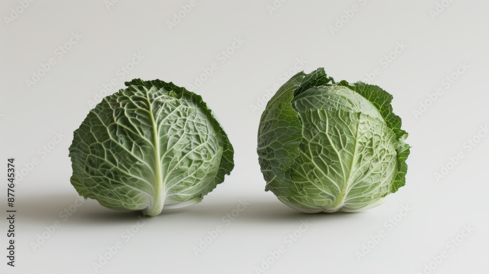 Fototapeta premium Two green cabbages sit alone on a white surface.