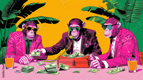 funny depict of monkey business, monkeys engaging in corrupt financial activities photo