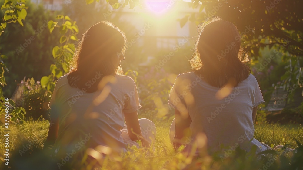 Two women sit on a lush green field, enjoying the outdoors Two women sit on a lush green field, enjoying the outdoors