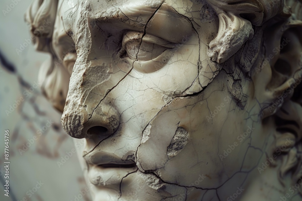 Cracked and weathered statue face showing the effects of time Cracked and weathered statue face showing the effects of time