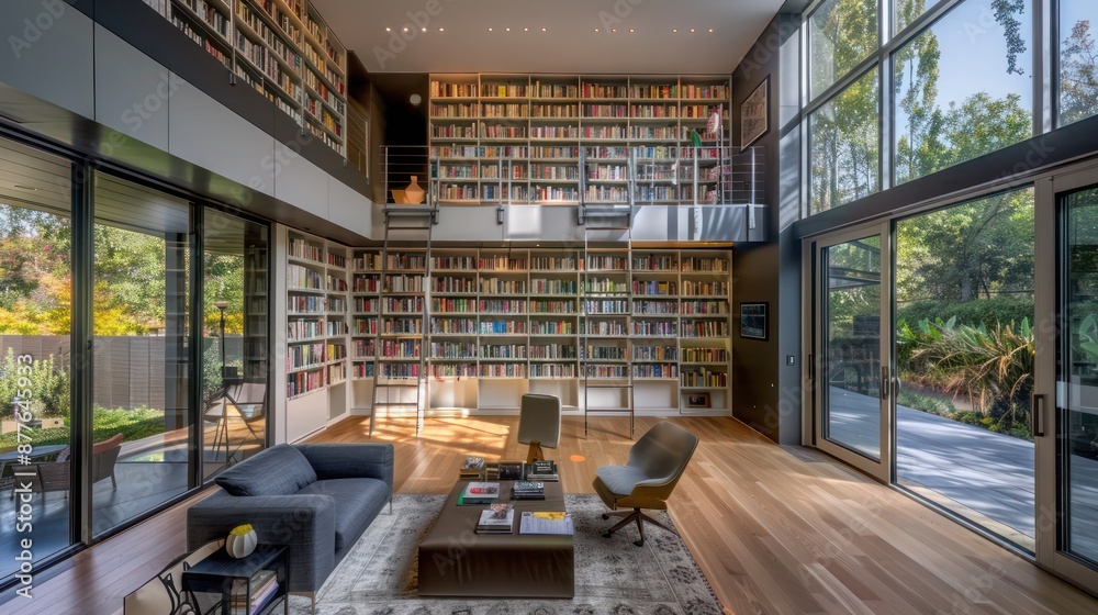 contemporary suburban home with a custom-designed library that features ...