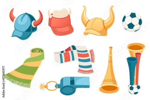 Collection of sports fan accessories cap hat scarf and trumpet vector illustration isolated on white background