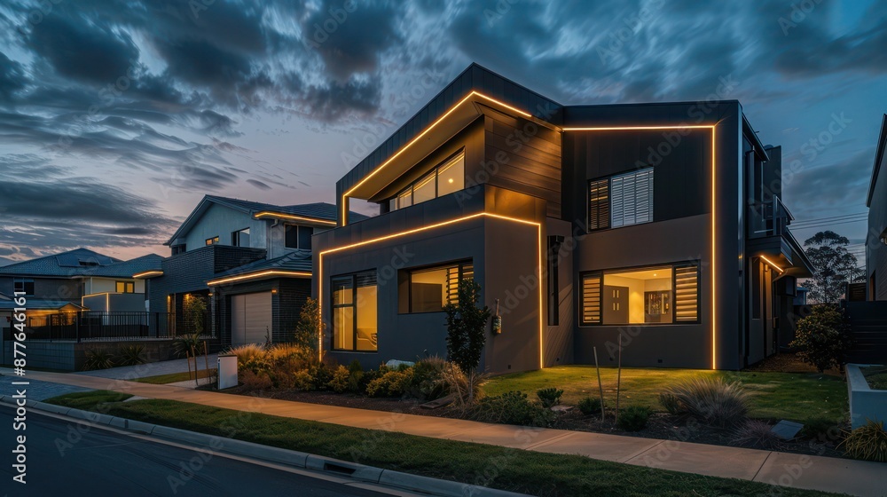contemporary suburban home with exterior LED strips that outline its unique architectural features, visible at night contemporary suburban home with exterior LED strips that outline its unique architectural features, visible at night