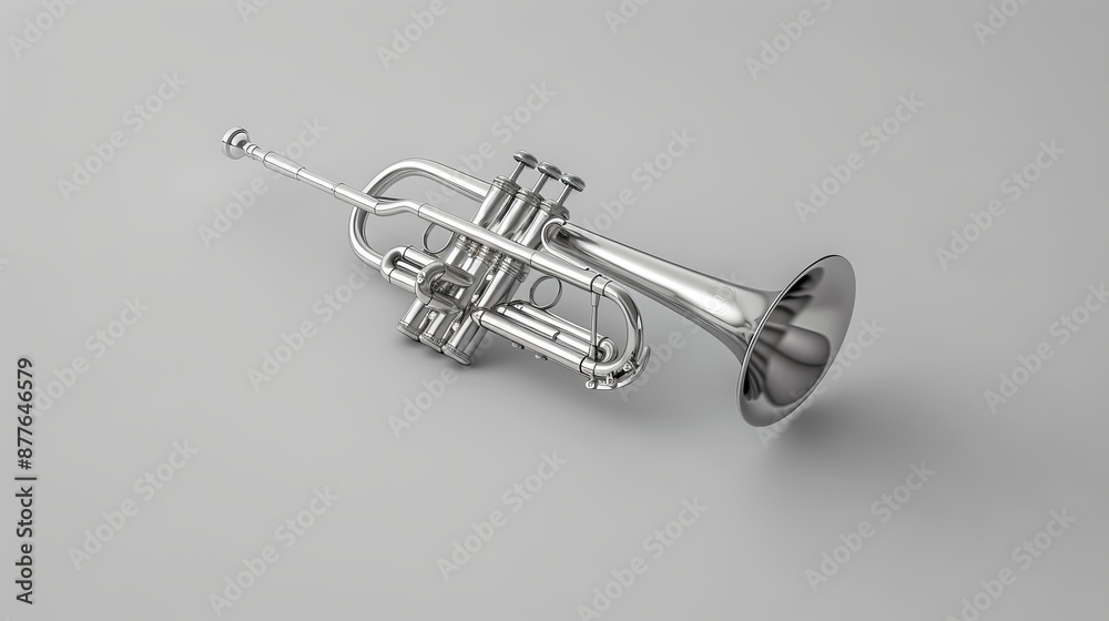 High-quality image of a shiny silver trumpet positioned against a plain light gray background, showcasing its metallic details and elegant design. High-quality image of a shiny silver trumpet positioned against a plain light gray background, showcasing its metallic details and elegant design.
