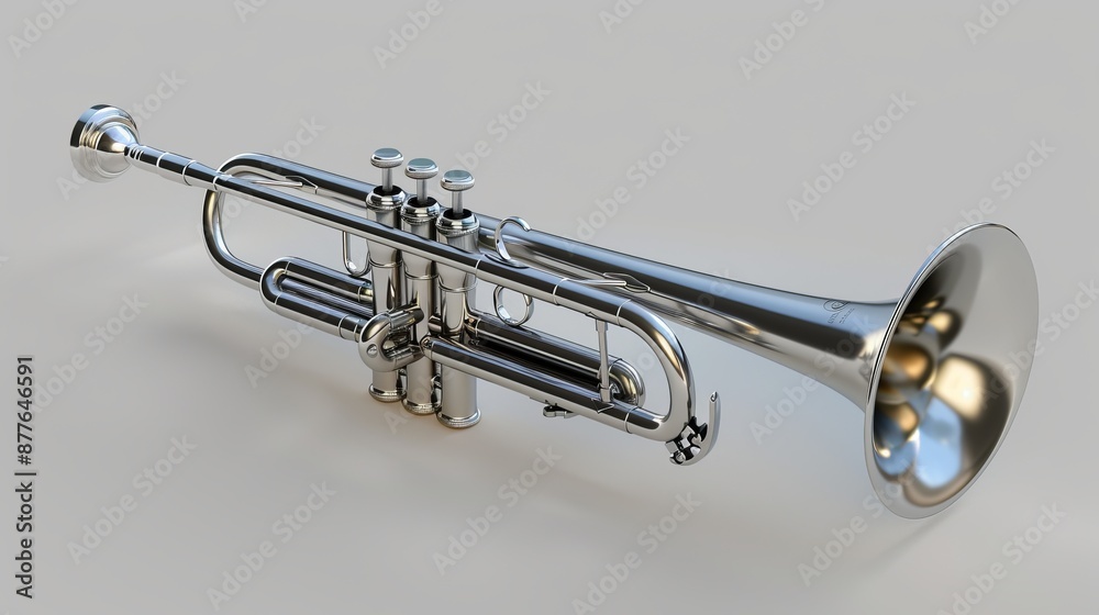 Obraz premium A highly detailed image of a silver trumpet on a white background showcasing its reflective metallic surface and intricate design, ideal for music-related projects.