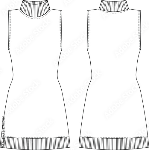 sleeveless ribbed turtleneck high neck ribbed hems mini short body-con a line dress template technical drawing flat sketch cad mockup fashion woman design style model
