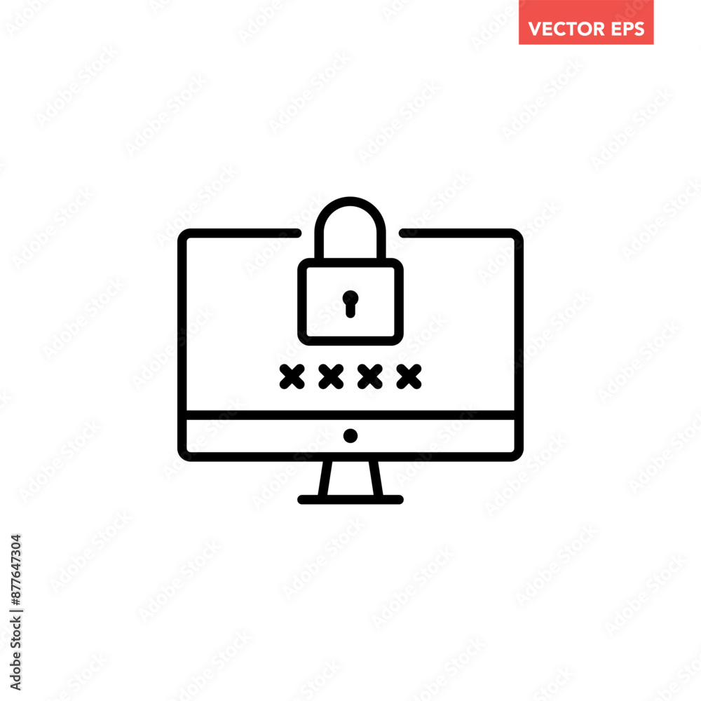 Black single computer password protection line icon, simple technology digital security flat design pictogram vector for app ads web banner button ui ux interface elements isolated on white background Black single computer password protection line icon, simple technology digital security flat design pictogram vector for app ads web banner button ui ux interface elements isolated on white background