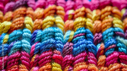 Colorful yarn woven into a close-up pattern.