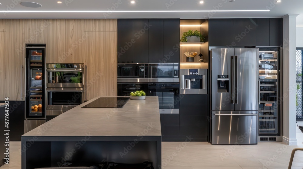 contemporary suburban house featuring a sleek, minimalist kitchen with integrated smart appliances and hidden storage solutions contemporary suburban house featuring a sleek, minimalist kitchen with integrated smart appliances and hidden storage solutions