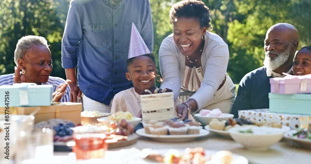 Child, happy birthday and blow candles in outdoor celebration, party and cake or singing at park. Black family, happiness and support for son, cheers and event or together, garden and food or love Child, happy birthday and blow candles in outdoor celebration, party and cake or singing at park. Black family, happiness and support for son, cheers and event or together, garden and food or love