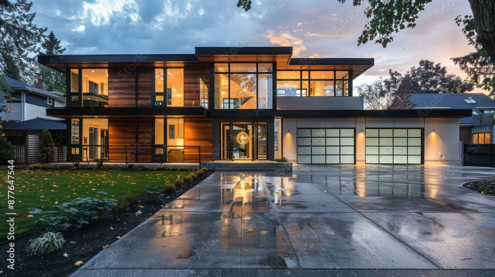 contemporary suburban house with a fa? section ade of alternating glass and cedar panels, and a driveway of polished concrete contemporary suburban house with a fa? section ade of alternating glass and cedar panels, and a driveway of polished concrete