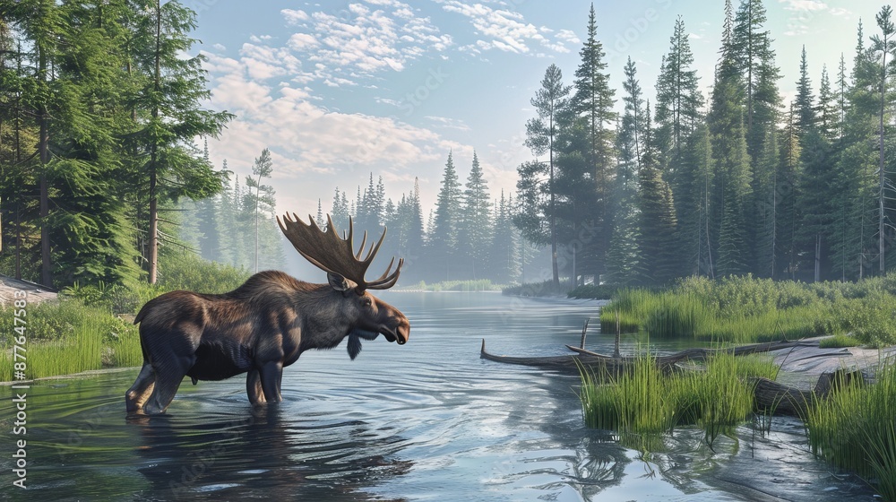 A moose walks through clear water in a bright, sunny forest, surrounded by lush vegetation and reflecting serene blue sky, capturing the harmony of wildlife and nature. A moose walks through clear water in a bright, sunny forest, surrounded by lush vegetation and reflecting serene blue sky, capturing the harmony of wildlife and nature.