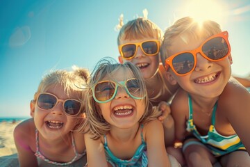 Group of kids enjoying time on the beach, suitable for summer holidays and family photos
