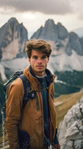  middle-aged man with backpack hiking in the mountains, man, standing at an angle. He's smiling on a hike in the summer, man in functional outdoor clothes with a massive backpack