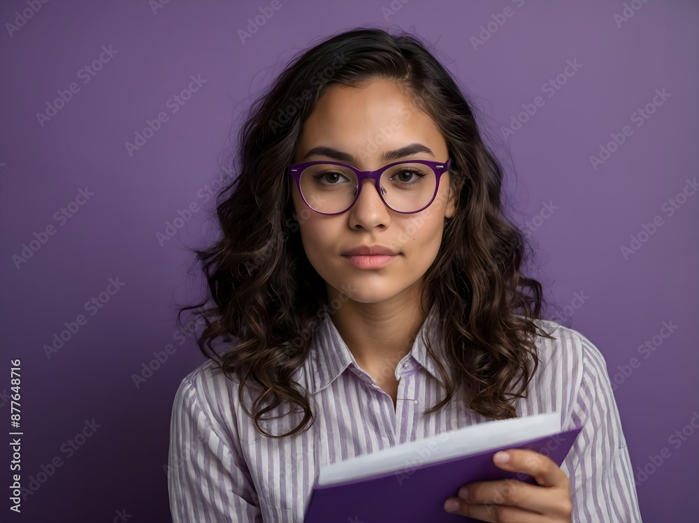 Portrait of a woman holds and reads documents , purple background with copy space Portrait of a woman holds and reads documents , purple background with copy space