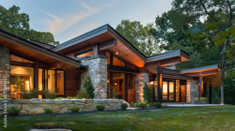 mid-century modern suburban home with a focus on natural materials, featuring stone accents and wooden beams that complement the surrounding landscape mid-century modern suburban home with a focus on natural materials, featuring stone accents and wooden beams that complement the surrounding landscape