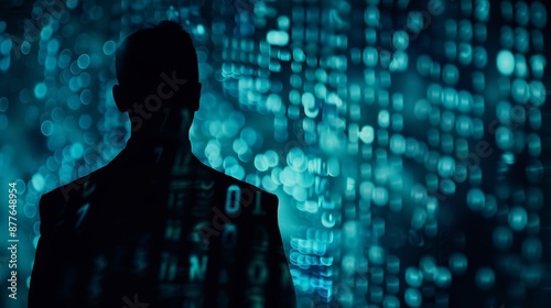 Wallpaper Mural A silhouette of a man standing against a backdrop filled with binary codes, depicting themes of technology, data, and the digital world in a futuristic style. Torontodigital.ca