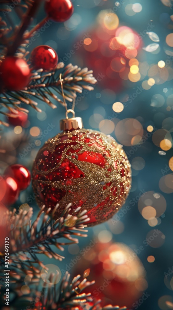 Obraz premium Red Christmas ornament on tree with bokeh lights. Holiday photography with copy space. Christmas celebration and decoration concept.