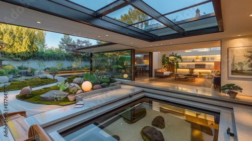 mid-century modern suburban home featuring a sunken living room with a glass ceiling, overlooking a Zen garden