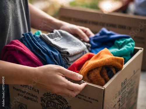 A man holds a box with second-hand clothes for donation