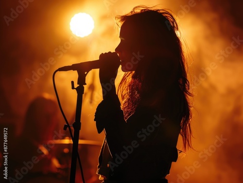 A woman performing on stage with a microphone, a concert scene